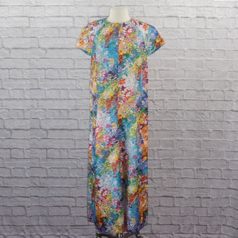 Vintage 60s Handmade Silk Rainbow Floral Gown